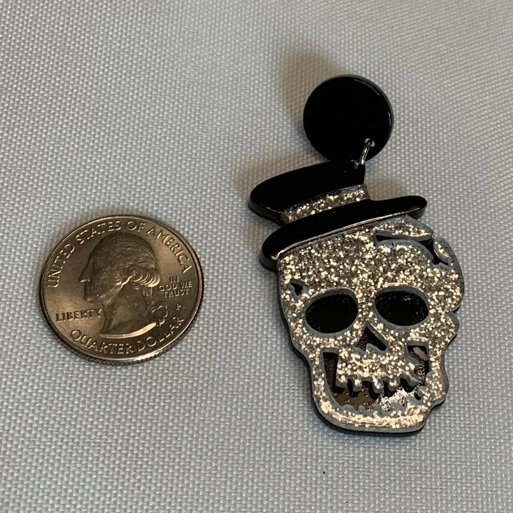 NWT! Fun Silver Acrylic Glitter Skull with Hat Post Earrings!